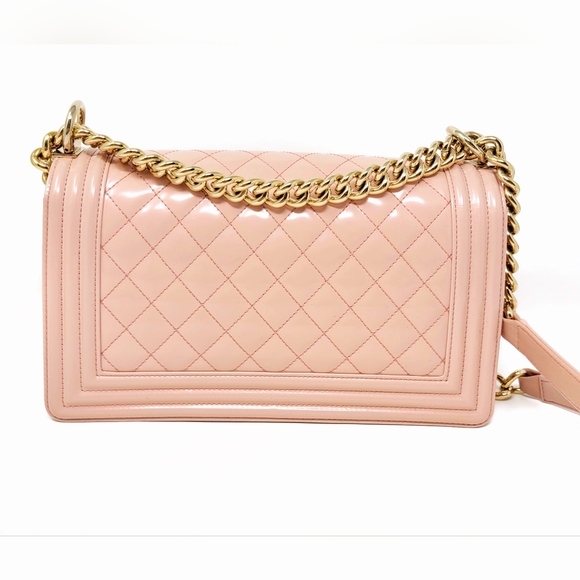 Authentic Chanel Classic Boy Bag Old Medium Patent Quilted Pink Nude GHW - Picture 3 of 10